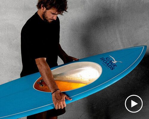 this surfboard doubles as a 10-liter beer tap with a built-in pressure chamber